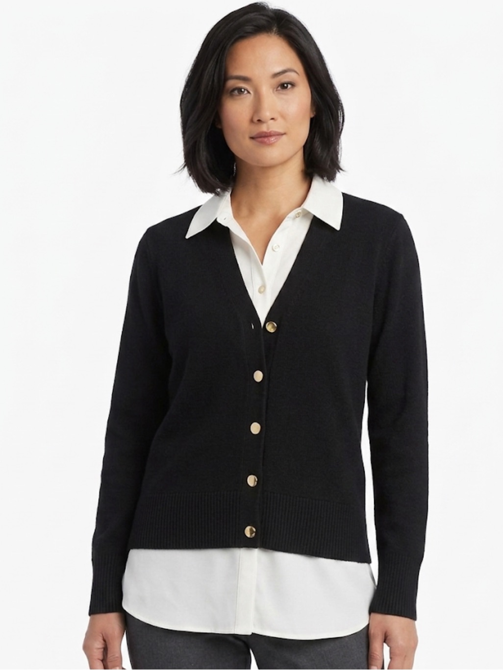 Jones New York Black Cardigan White Layered Collar And Hem L